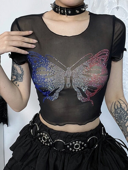 Glitter butterfly see-through top