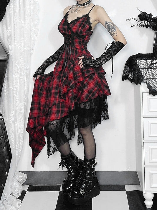 Gothic punk red plaid irregular dress