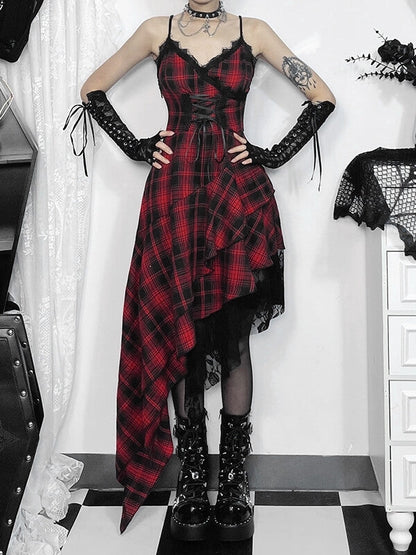 Gothic punk red plaid irregular dress