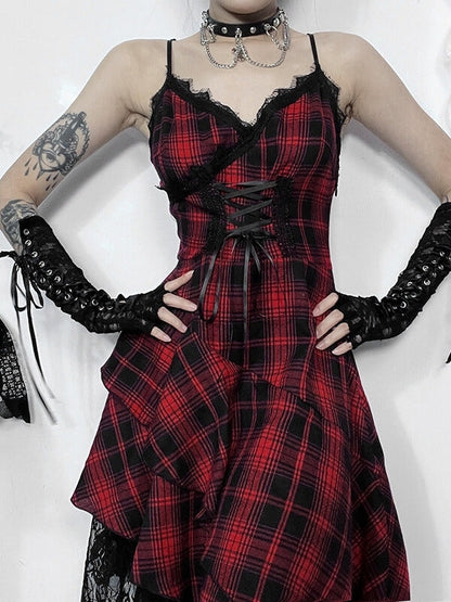 Gothic punk red plaid irregular dress