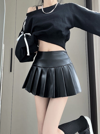 New Fashion Hot girl leather pleated skirt