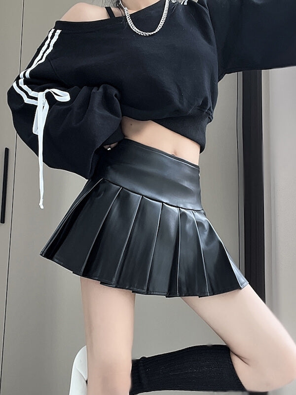 New Fashion Hot girl leather pleated skirt