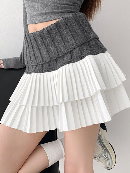 New Fashion Knitted patchwork layer pleated skirt