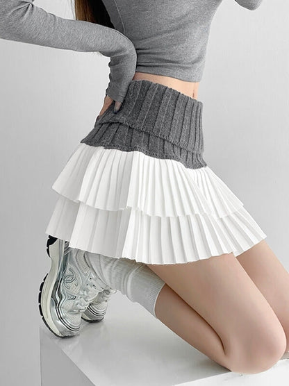 New Fashion Knitted patchwork layer pleated skirt