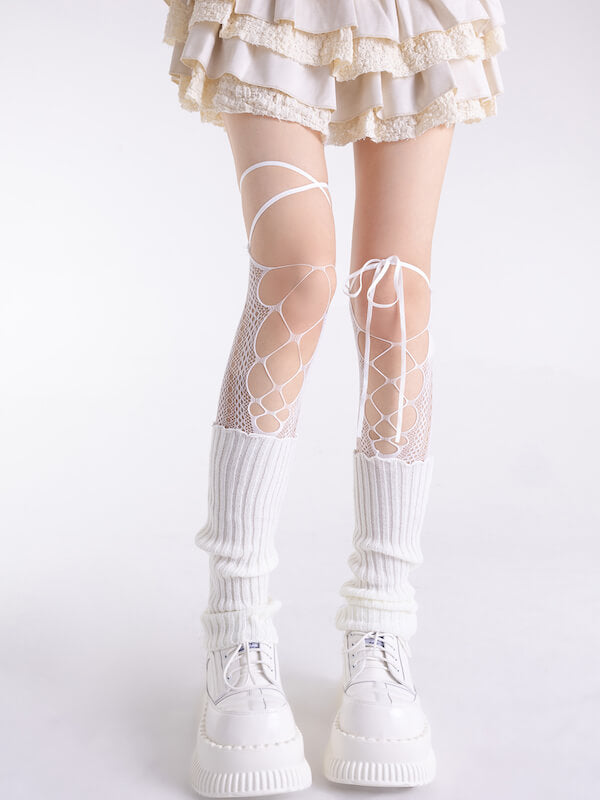 Lace patchwork knit leg warmers