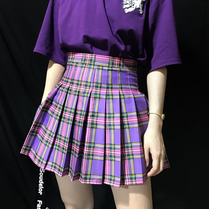 [Plus size] E-girl purple A-line plaid pleated skirt