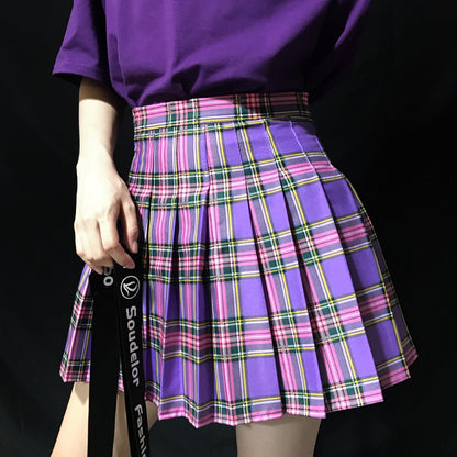 [Plus size] E-girl purple A-line plaid pleated skirt