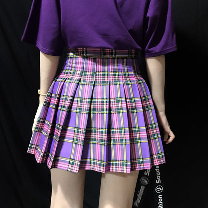 [Plus size] E-girl purple A-line plaid pleated skirt