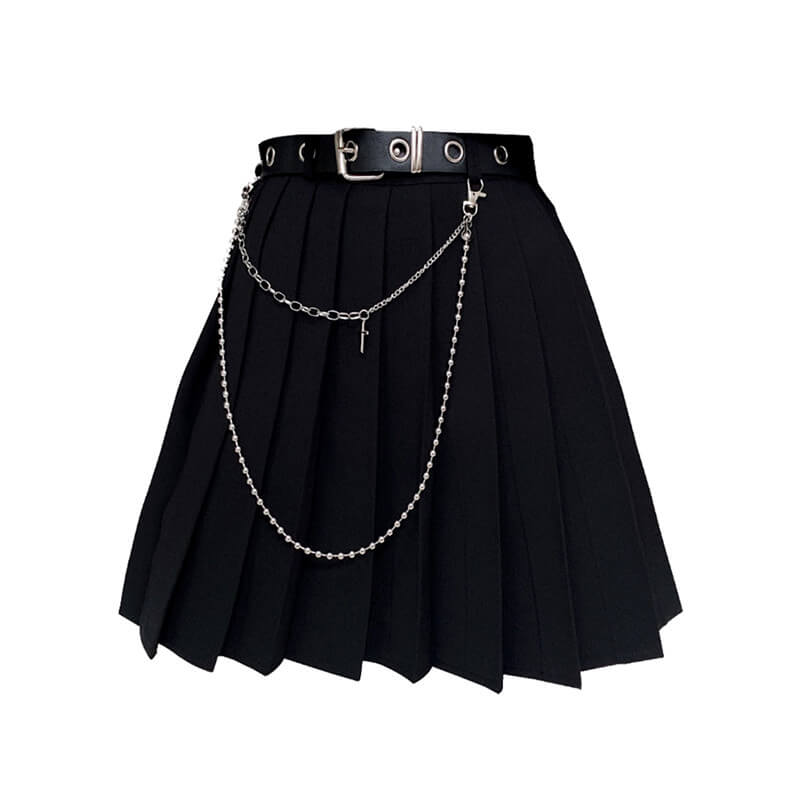 [Plus size] Gothic punk cross belt chain pleated skirt