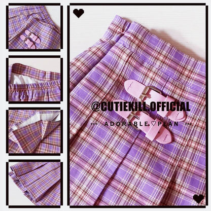 [Plus Size] Romantic pink buckle purple plaid A-line skirt