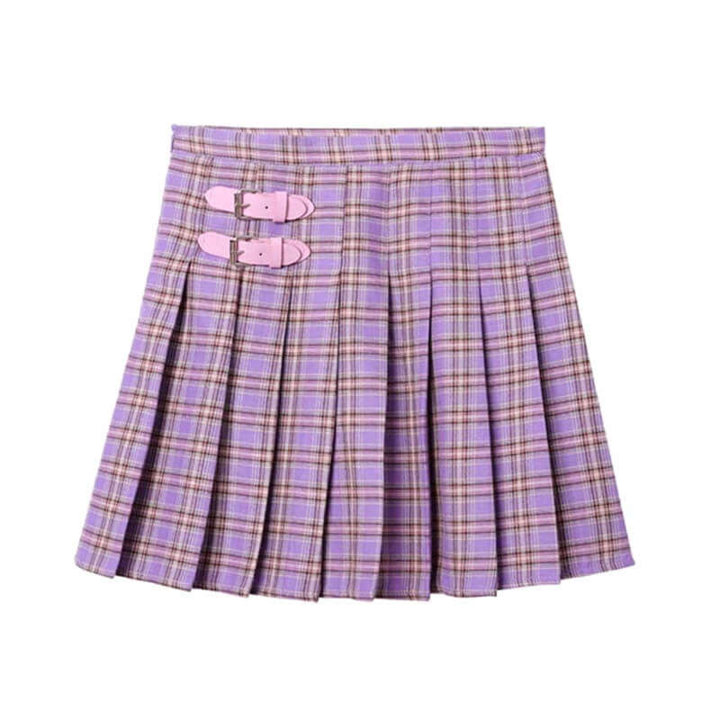 [Plus Size] Romantic pink buckle purple plaid A-line skirt