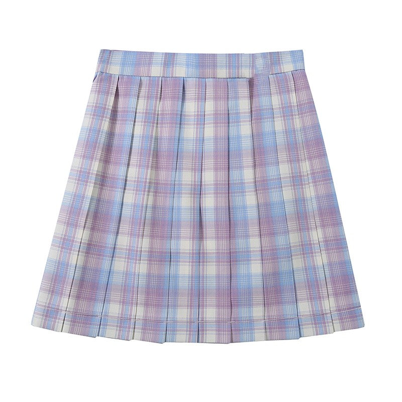 [Plus size] Soft pink blue plaid medium A-line pleated skirt