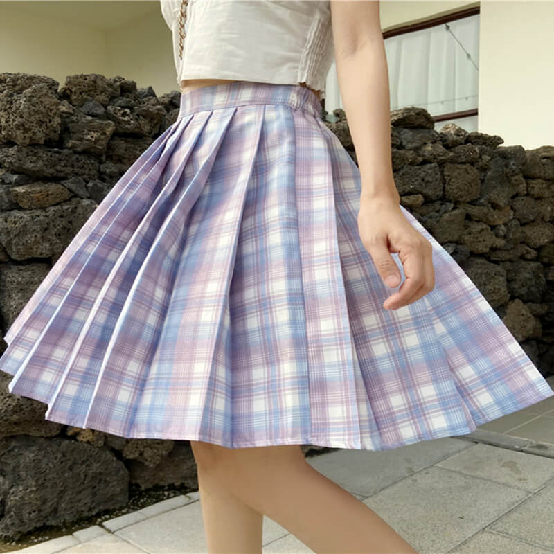 [Plus size] Soft pink blue plaid medium A-line pleated skirt