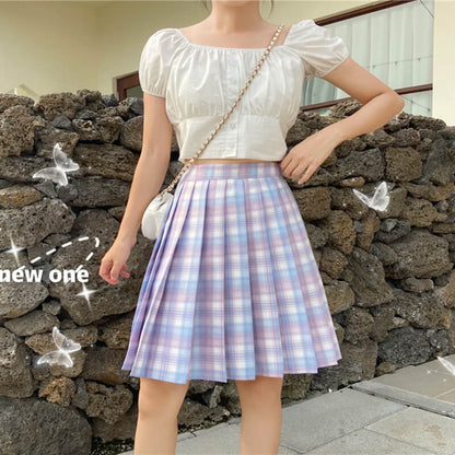 [Plus size] Soft pink blue plaid medium A-line pleated skirt