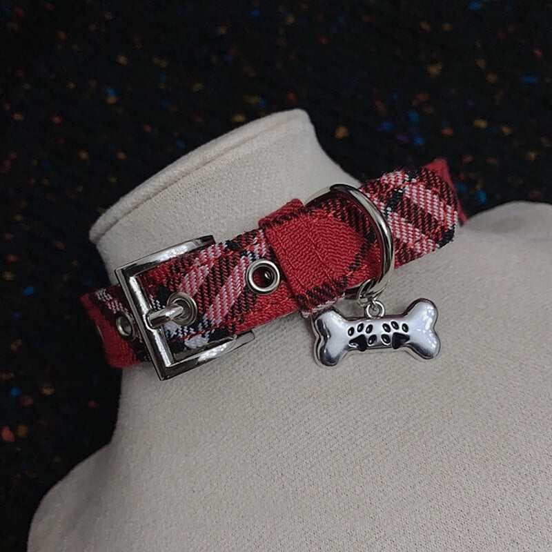 Y2k red plaid bone choker