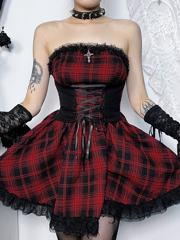 Y2k red plaid corset dress