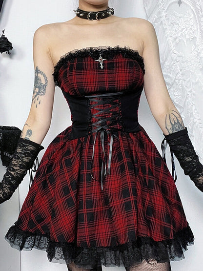 Y2k red plaid corset dress