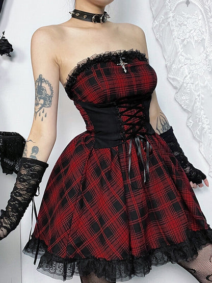 Y2k red plaid corset dress