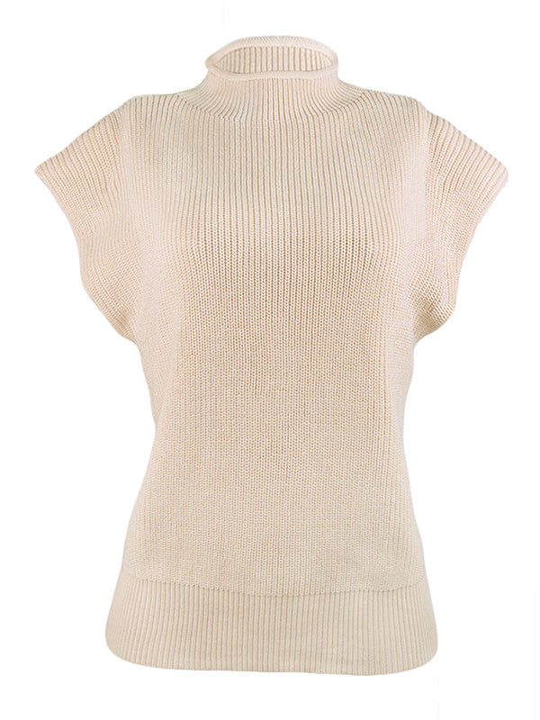 Casual Cap Sleeve Solid Color High-Neck Sweater Tops Pullovers-Homeunderwear