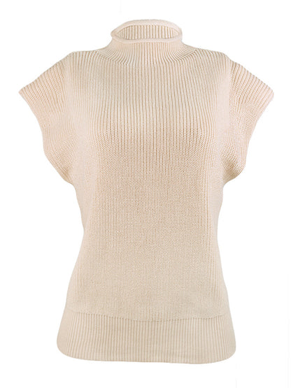 Casual Cap Sleeve Solid Color High-Neck Sweater Tops Pullovers-Homeunderwear