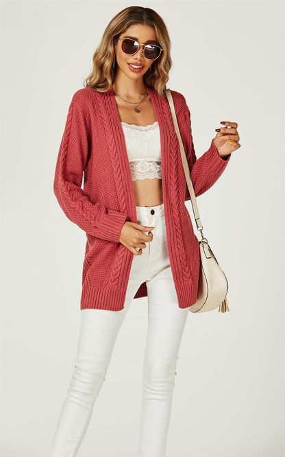 Midi Cable Knit Cardigan in Rusty Red