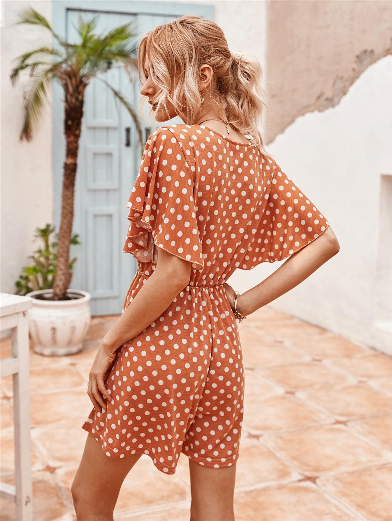 Playsuit In Peach & White Polka Dot