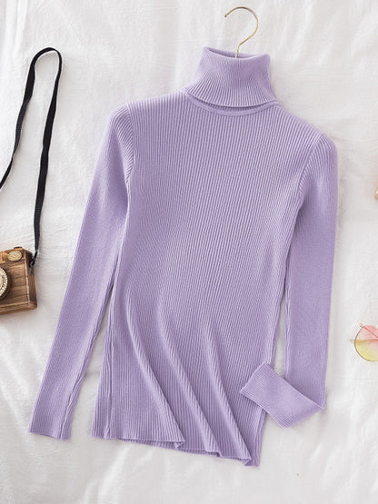 Simple Skinny Solid Color High-Neck Sweater Tops-Homeunderwear