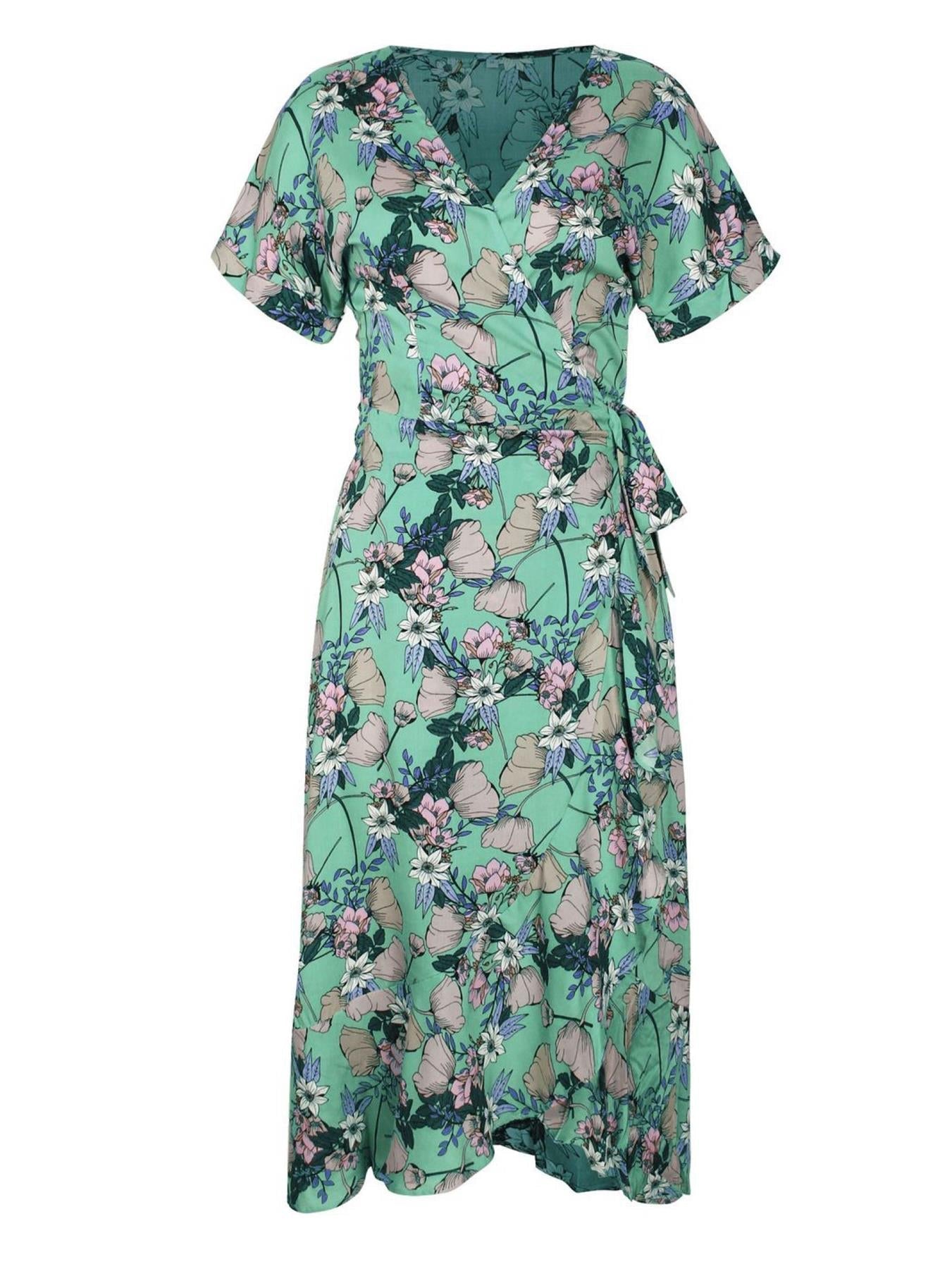 Summer Wrap Midi Dress In Mint Floral Print