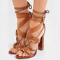 Brown Strap Leather Buckles Chunky Heel Sandals