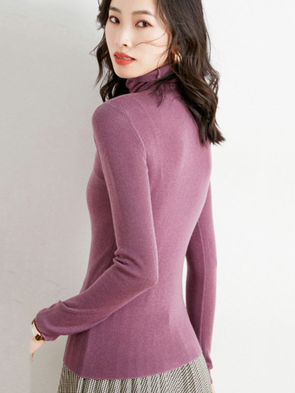 Simple Skinny Long Sleeves Solid Color High-Neck Sweater Tops Pullovers-Homeunderwear