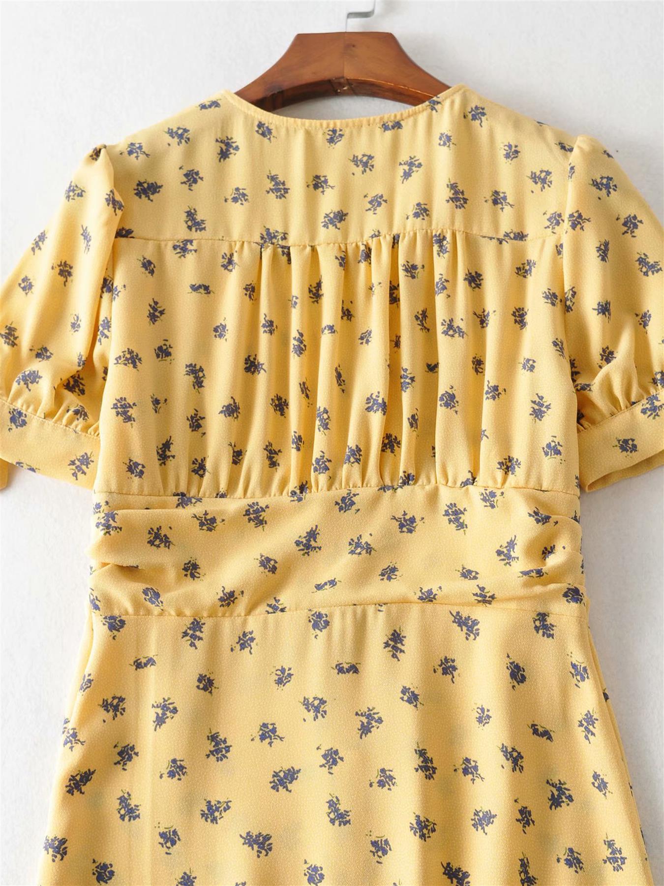 Charming Front Button Tea Dress In Yellow & lavender Print