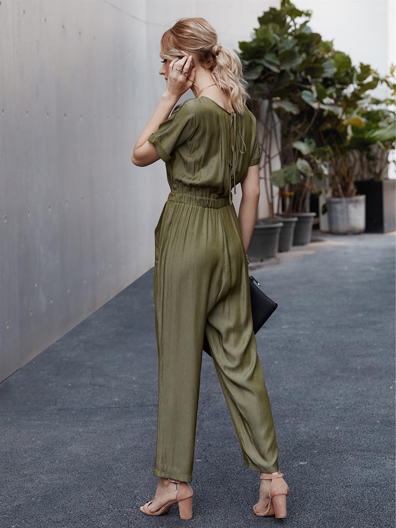 Back Detail Short Sleeve Jumpsuit In Olive Green