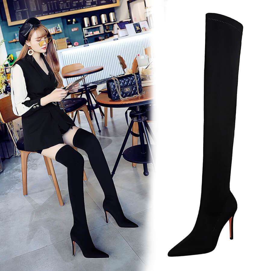 Black Lycra Point Toe Stretch High Heel Over Knee Boots