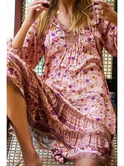 Boho Long Sleeve Tiered Smock Dress In Pink Floral Print