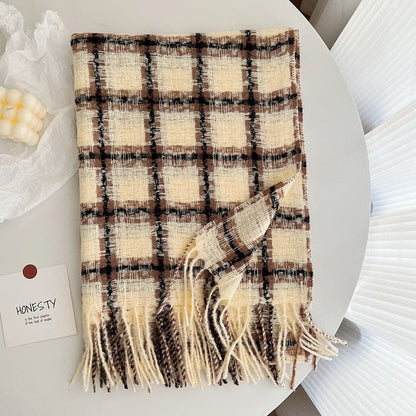 Imitated Cashmere Plaid Thickened Tassled Scarf