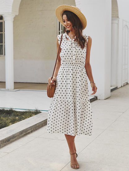 Tiered Midi Dress In White Polka Dot