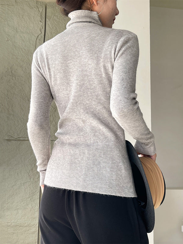 New Fashion Casual Long Sleeves Skinny Solid Color High-Neck Sweater Tops-Homeundewear