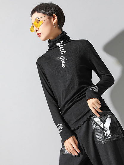 Casual Long Sleeves Skinny Letter Print Solid Color High-Neck T-Shirts Tops-Homeunderwear