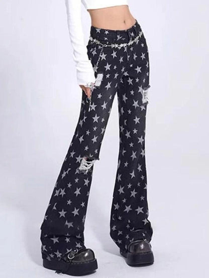 Vintage Star Print Ripped Flare Jeans