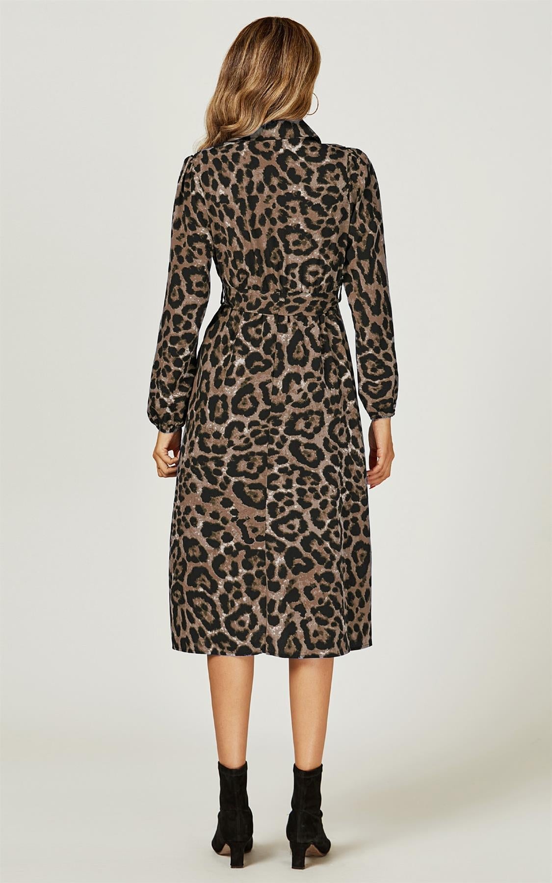 Leopard Print Split Leg Midi Shirt Dress In Brown