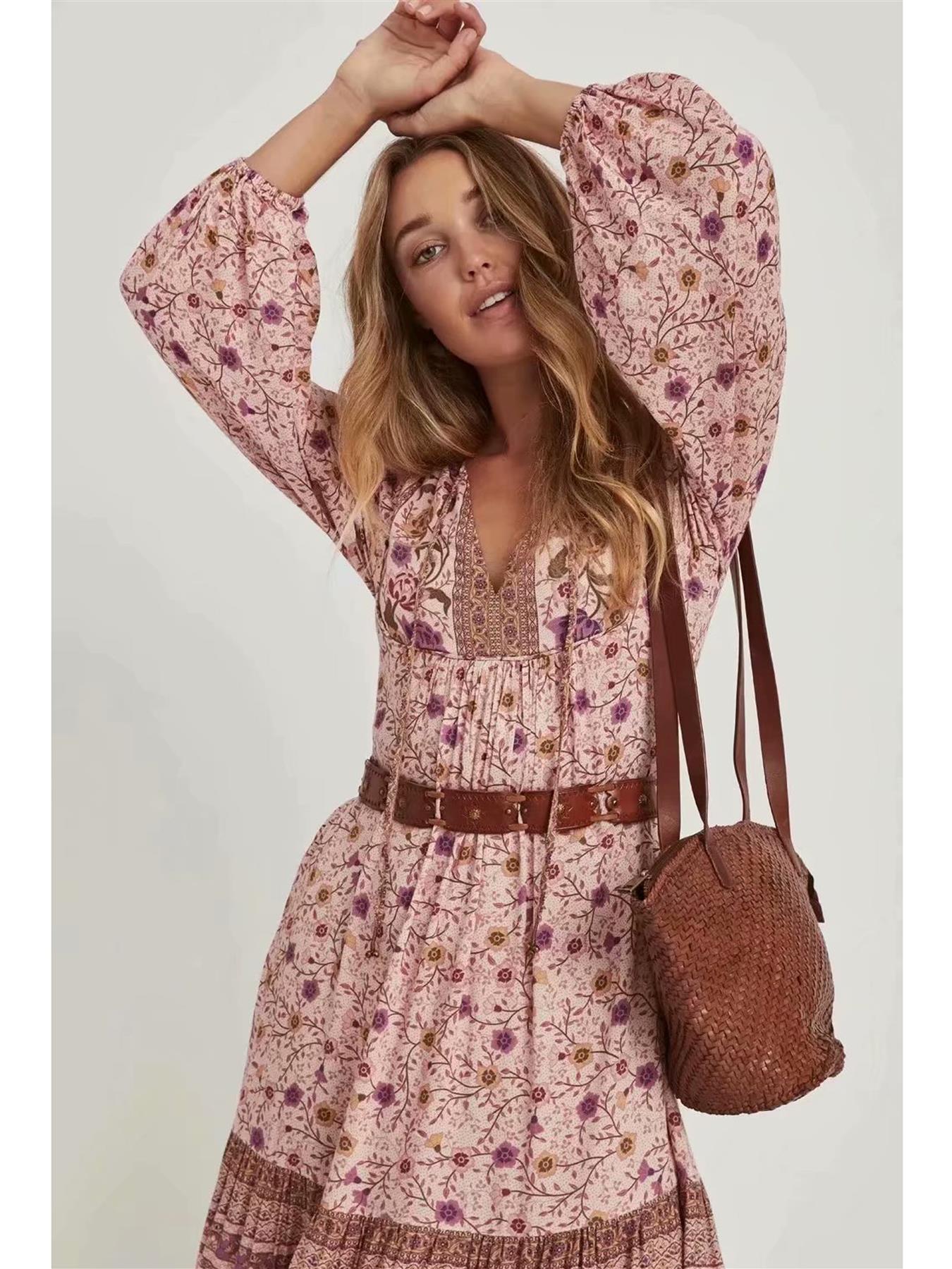 Boho Long Sleeve Tiered Smock Dress In Pink Floral Print