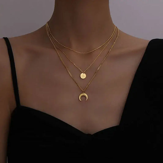 Free Shipping For Moon Three Layer Golden Layer Necklace