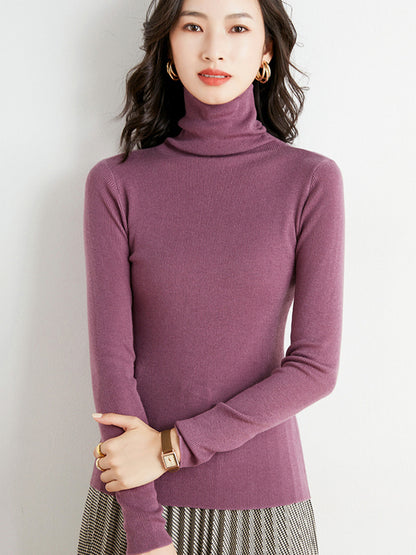 Simple Skinny Long Sleeves Solid Color High-Neck Sweater Tops Pullovers-Homeunderwear