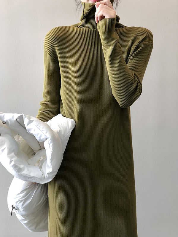 Urban Loose Long Sleeves Split-Side Solid Color High-Neck Sweater Dresses-Homeunderwear