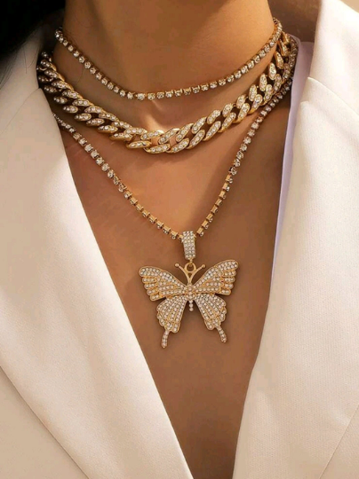 Free Shipping For 3pcs Rhinestone Butterfly Pendant Necklace