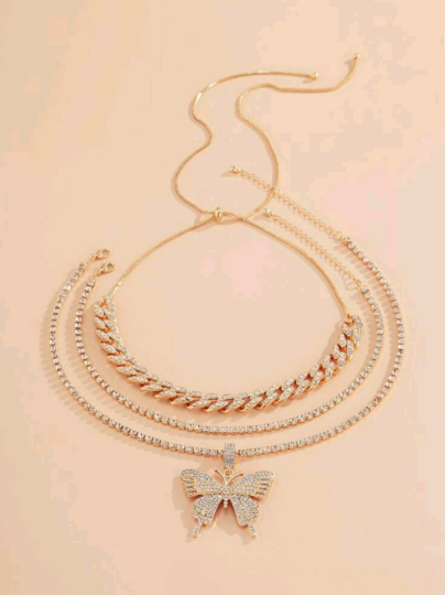 Free Shipping For 3pcs Rhinestone Butterfly Pendant Necklace