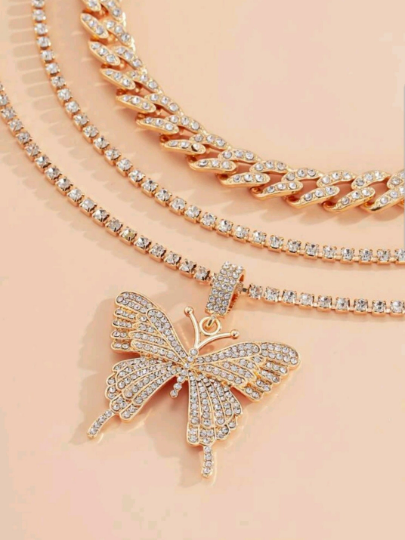 Free Shipping For 3pcs Rhinestone Butterfly Pendant Necklace