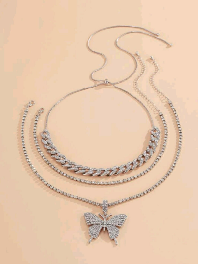 Free Shipping For 3pcs Rhinestone Butterfly Pendant Necklace