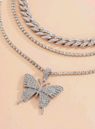 Free Shipping For 3pcs Rhinestone Butterfly Pendant Necklace