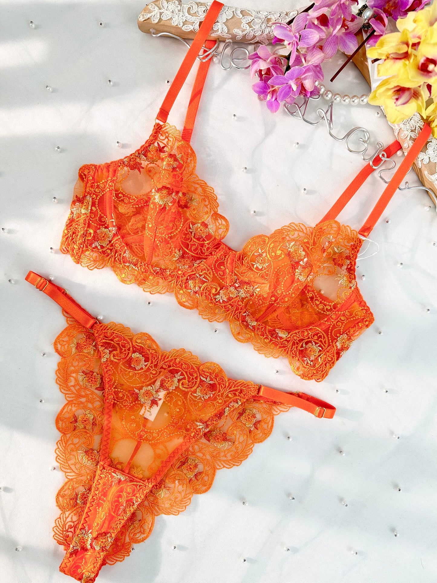 Free Shipping For Orange Floral Embroidery Lingerie Set